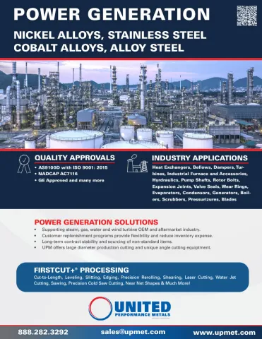 Specialty metals and alloys product list for power generation